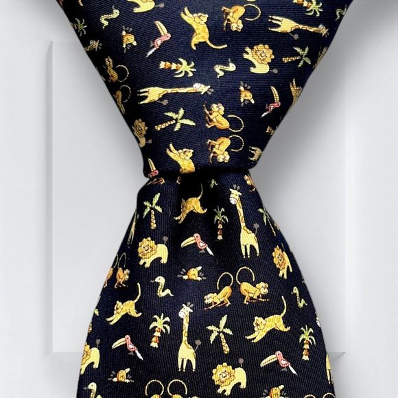 SALVATORE FERRAGAMO -EUC- Men’s Black African Animal Motif 100% Silk Novelty Tie - Picture 8 of 9